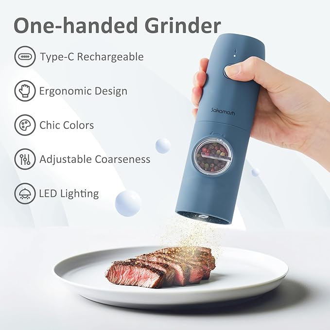 Electric Salt and Pepper Grinder Set, Rechargeable,Adjustable Coarseness with LED Light, Electric Salt and Pepper Shakers Refillable(2 Packs, Blue)