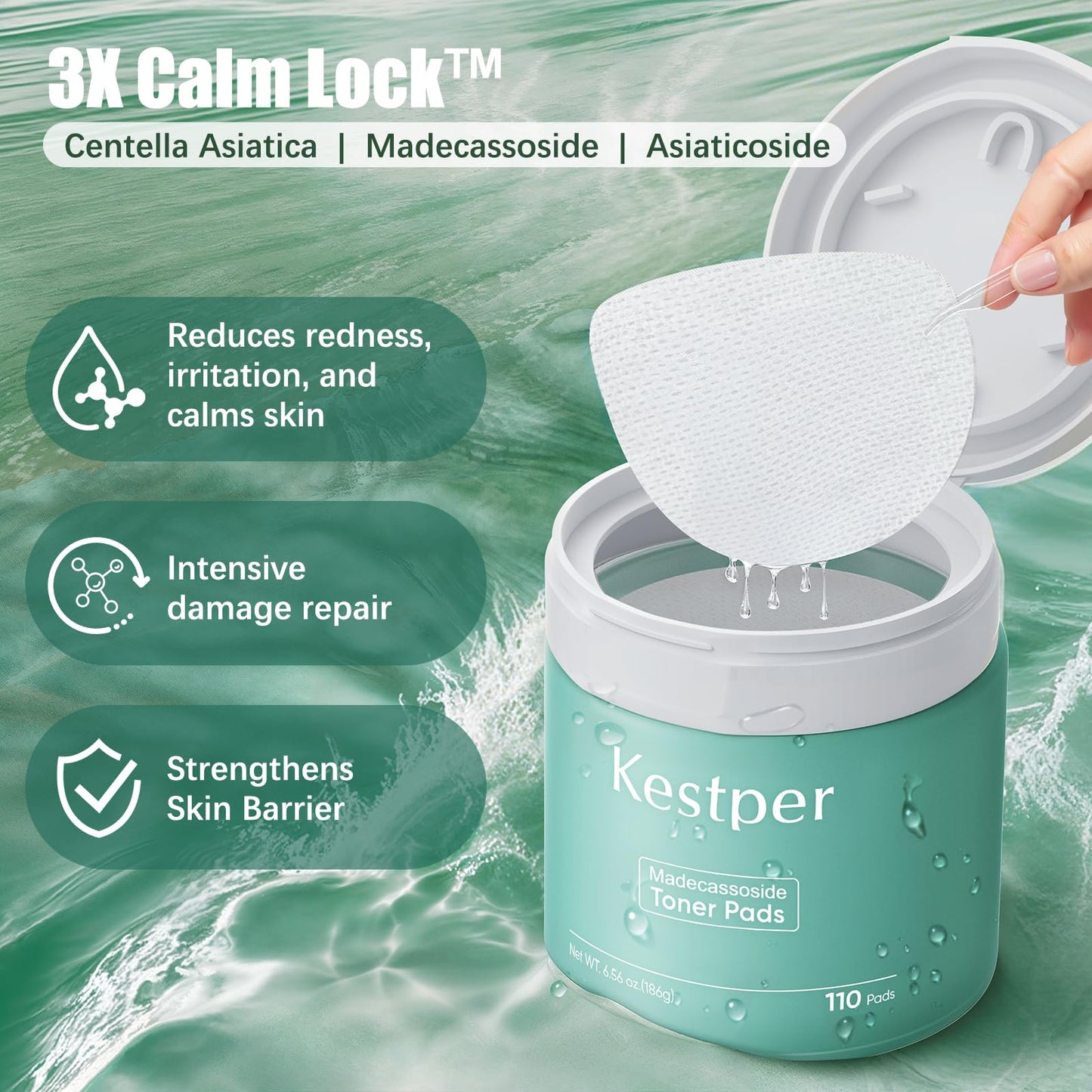 Kestper Madecassoside Toner Pads | 110 Pad Calming Face Pads with Centella Asiatica to Soothe,Balance Skin Tone,Fades Blemishes