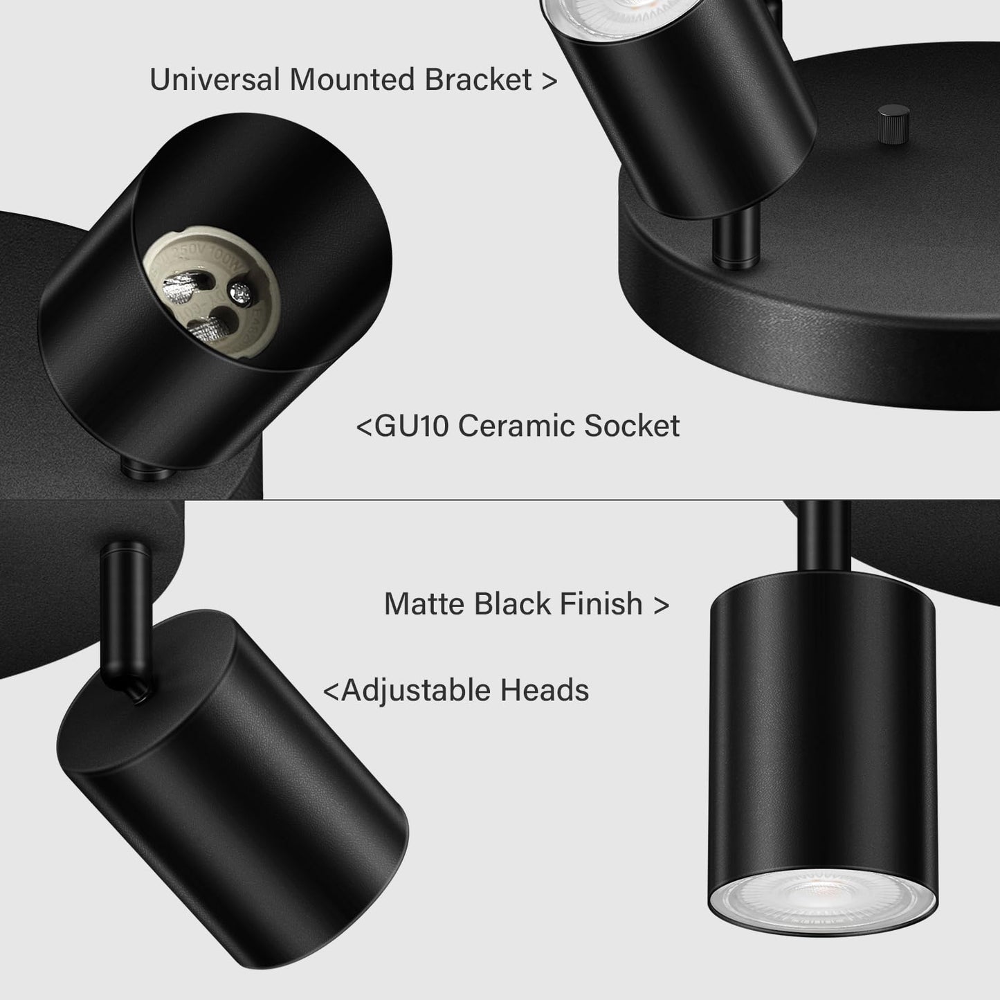 BoostArea LED 4 Light Track Lighting Kit, LED Track Lighting Fixtures, Black Round Ceiling Spot Lighting, Flexibly Rotatable Light Head for Kitchen, Living Room, Bedroom, GU10 Bulb Not Included