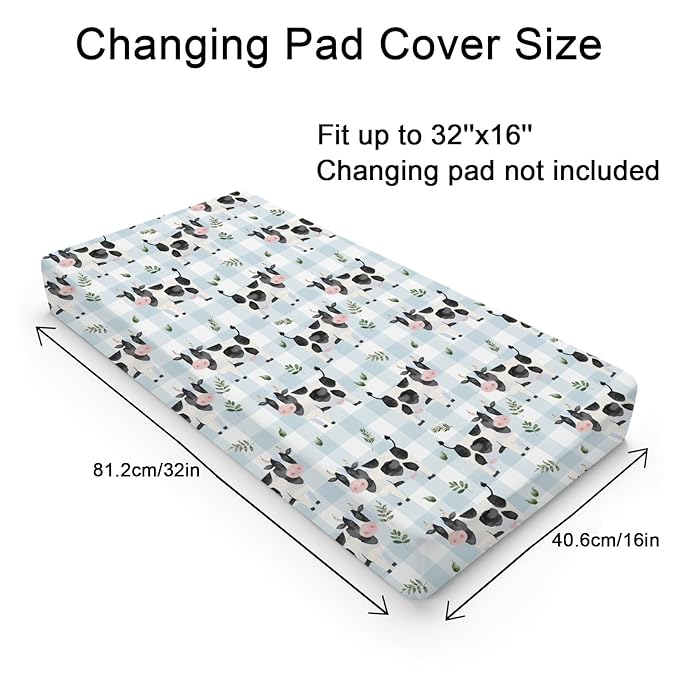 Cow Boho Leaves Changing Pad Covers Spring Farm Animals Leaves Changing Pad Cover Sheets for Boy Girl Cow Plaids Soft Breathable Stretchy Baby Diaper Changing Table Mat Cover 32''x16''