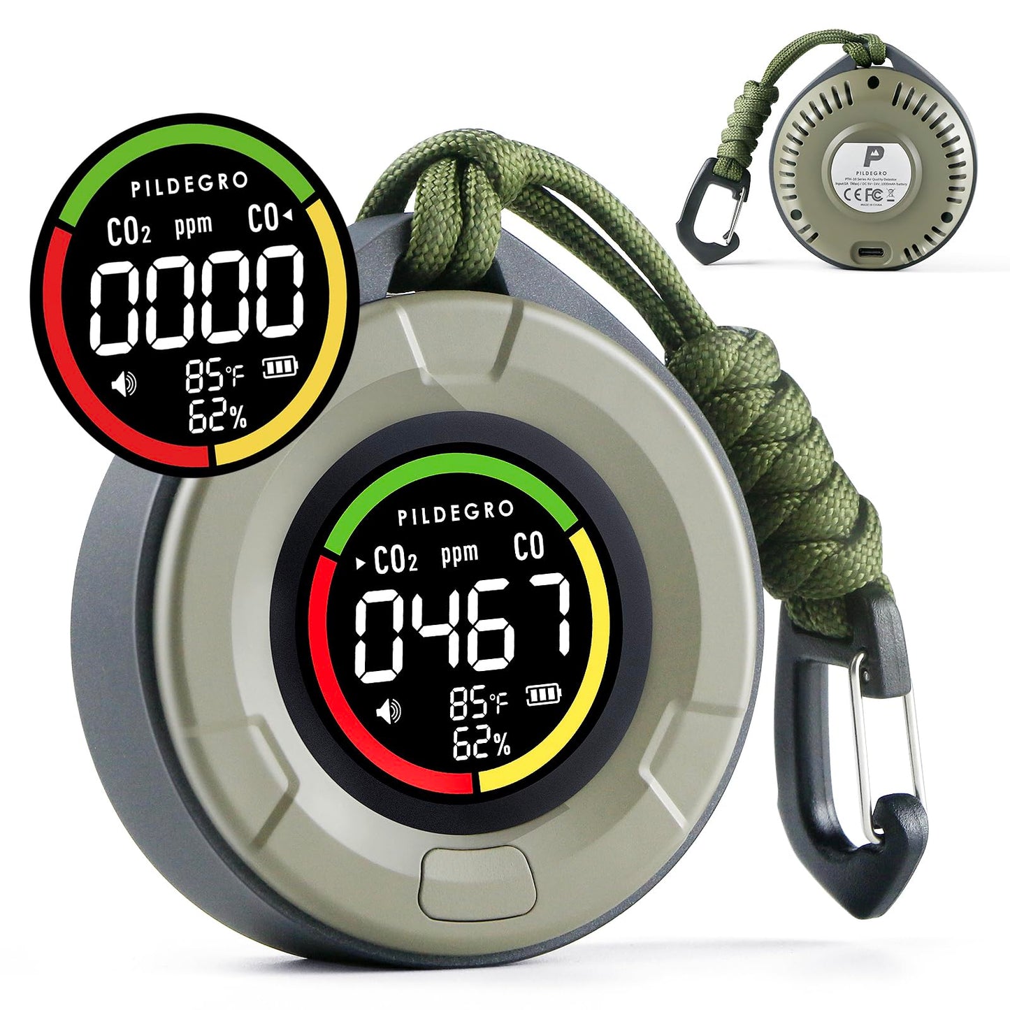 Pildegro 4-in-1 Portable Carbon Monoxide and Carbon Dioxide Detector, Upgraded Rechargeable Travel CO & CO2 Monitor 3-Day Standby, Premium Real-Time CO & CO2 Alarm for Air Safety & Quality (Grey)