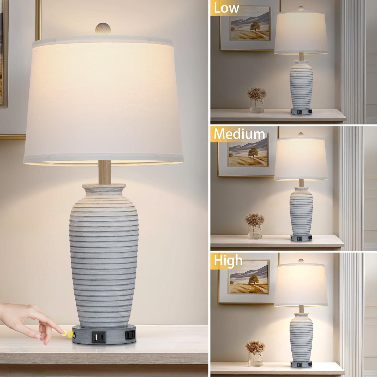 CINSARY 25in Vintage Farmhouse Jar Table Lamp with USB Ports & AC Outlet, Grey White, Resin, Model TD-CS-315-1PK
