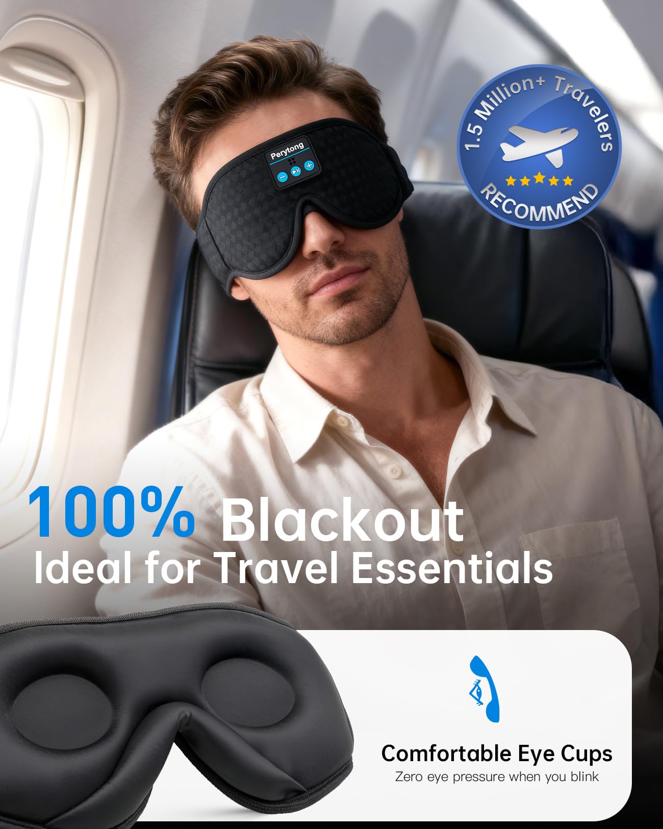 Perytong Sleep Mask with Bluetooth 5.4 Headphones, Wireless Sleep Eye Mask for Side Sleepers, 3D Contoured Comfort & Built-in HD Stereo Earphones, Noise Canceling & Blackout for Travel (Carbon Black)