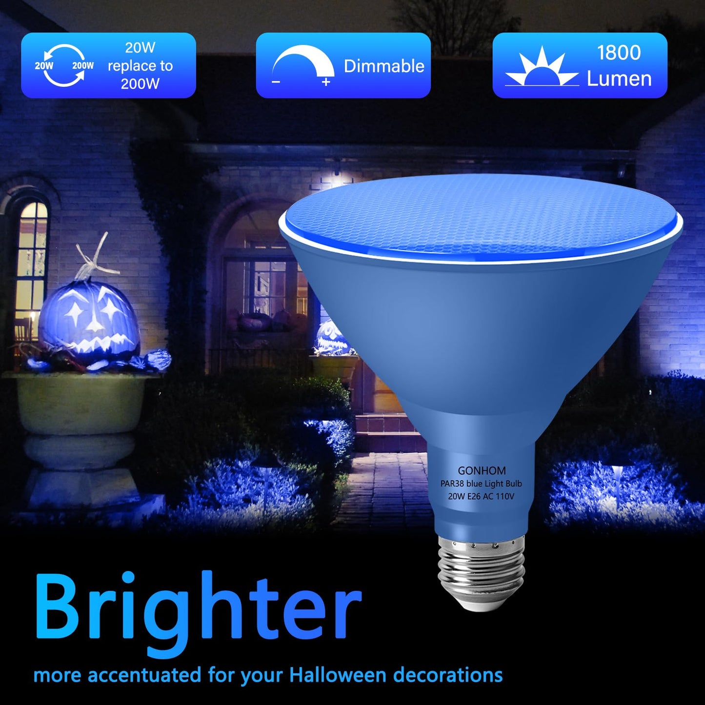 Gonhom Par38 Flood Lights Outdoor Dimmable Led Flood Light Bulbs 20W(Equivalent To 200W) E26 Base Outdoor Porch Holiday Lighting Led Flood Light Bulb For Halloween Christmas 4 Pack Blue