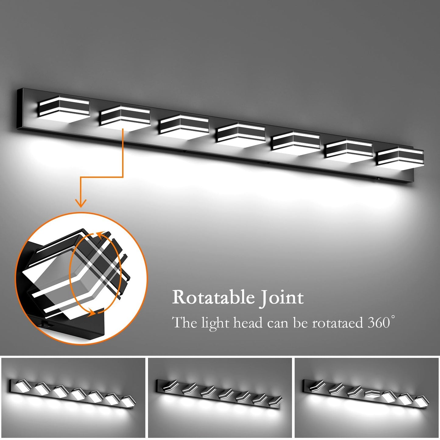 Ralbay 55Inch Black Vanity Light 5 Color Temperatures (3000K-6000K) Dimmable Metal Acrylic Led Modern Matte Black Bathroom Wall Lighting For Mirror (7-Light)