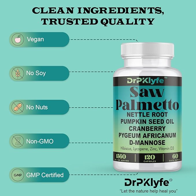 Saw Palmetto Capsules for Prostate, Bladder & Hair Health – Includes Nettle Root, Pumpkin Seed, Cranberry, D-Mannose, Pygeum, Hibiscus – 120 Capsules (60-Day Supply)