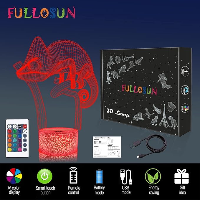 FULLOSUN Chameleon 3D Night Light Lizard Projection LED Lamp Baby Nursery Nightlight for Kids' Room Home Decor Xmas Birthday Gifts with Remote Control 16 Color Changing