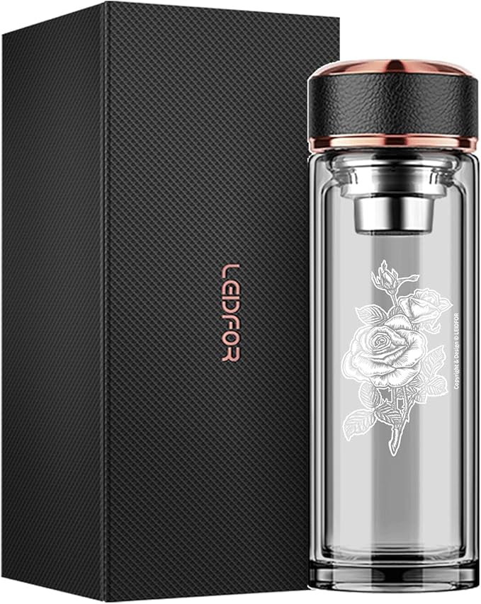 Tea Tumbler with Infuser - BPA Free Double Wall Glass Travel Tea Mug With Stainless Steel Filter - Leakproof Tea Bottle with Strainer for Loose Leaf Tea and Fruit Water 17 oz Rose