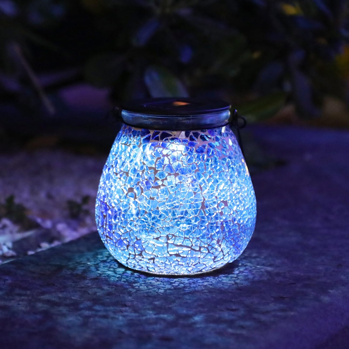 Afirst Mosaic Solar Lantern - Glass Hanging Light, Waterproof Table Lamp for Outdoor, Garden, Patio, Ice-Blue, Model 5038350B