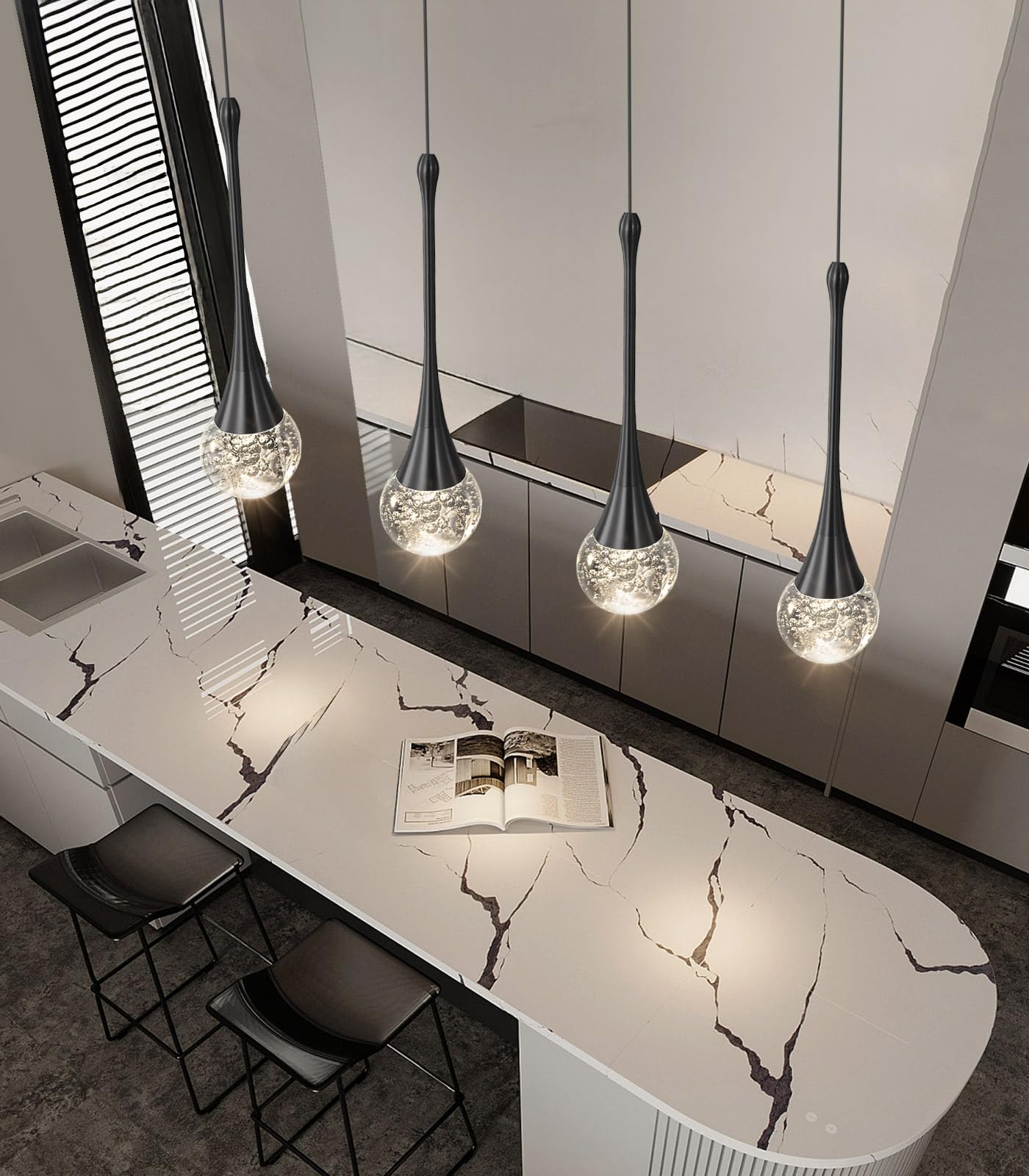 4-Lights Modern Pendant Lights For Kitchen Island Led Dimmable Crystal Glam Ceiling Pendant Lighting Chandelier For Dining Room Hallway Bedroom Black