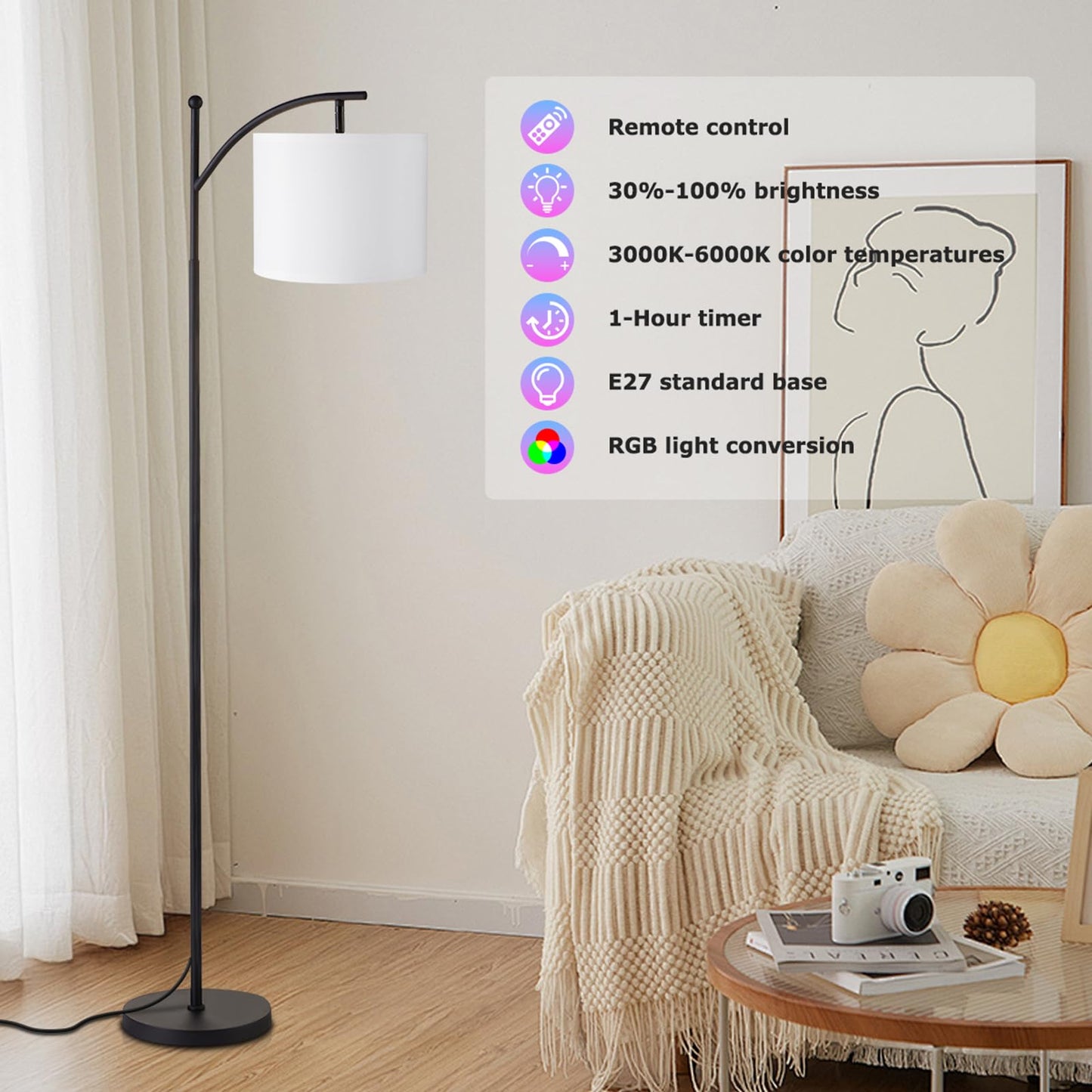 Ambimall Smart Floor Lamp with RGB Light Bulb, 60 inches, Dimmable, Iron, White Shade & Black Pole, Model RPT-QZB113RGB