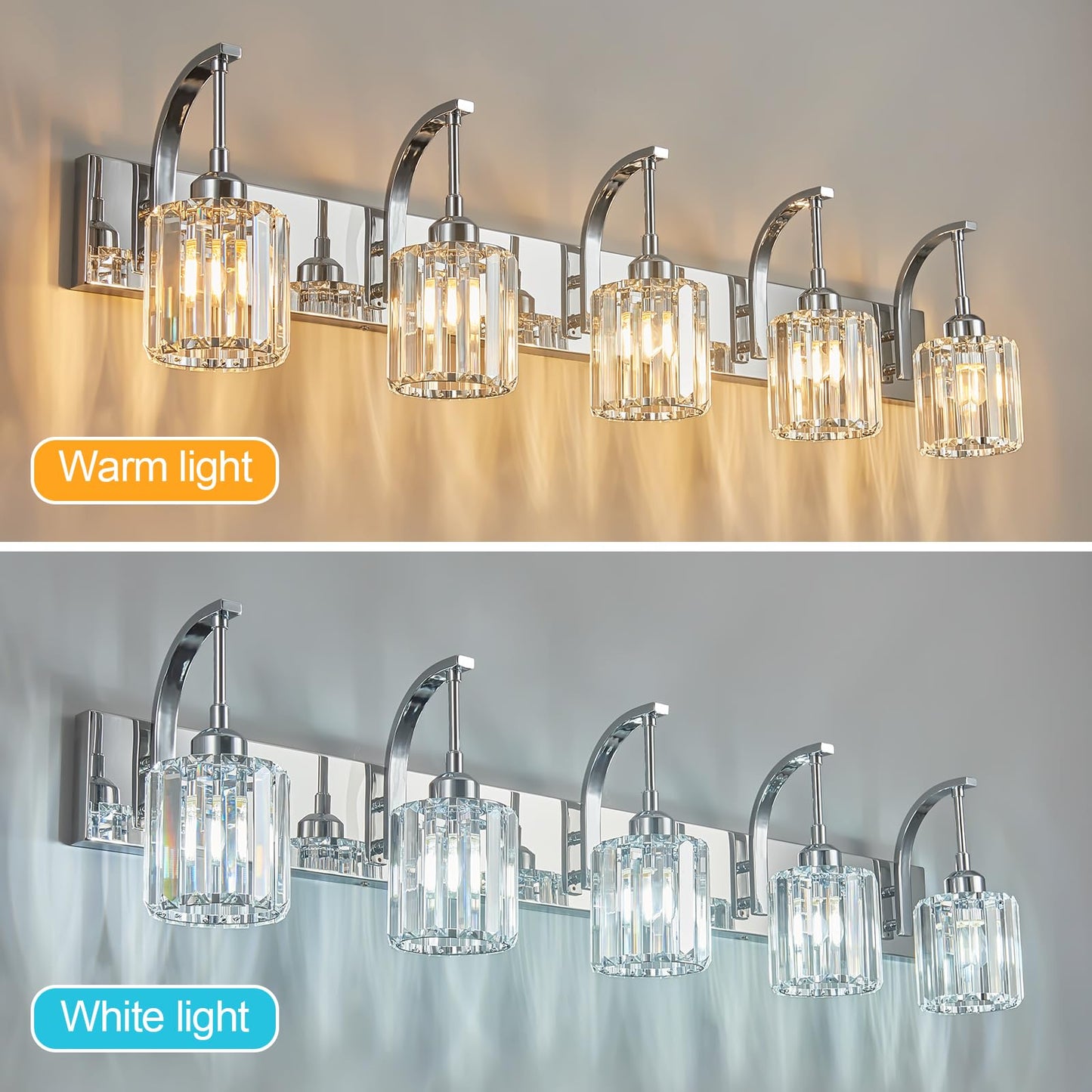 Fdpby 5-Light Crystal Vanity Light  Modern Chrome Bathroom Wall Sconce With K9 Crystal Shades  42.51 Long Over Mirror Lighting For Vanity  Makeup  Hallway  Elegant & Easy Installation