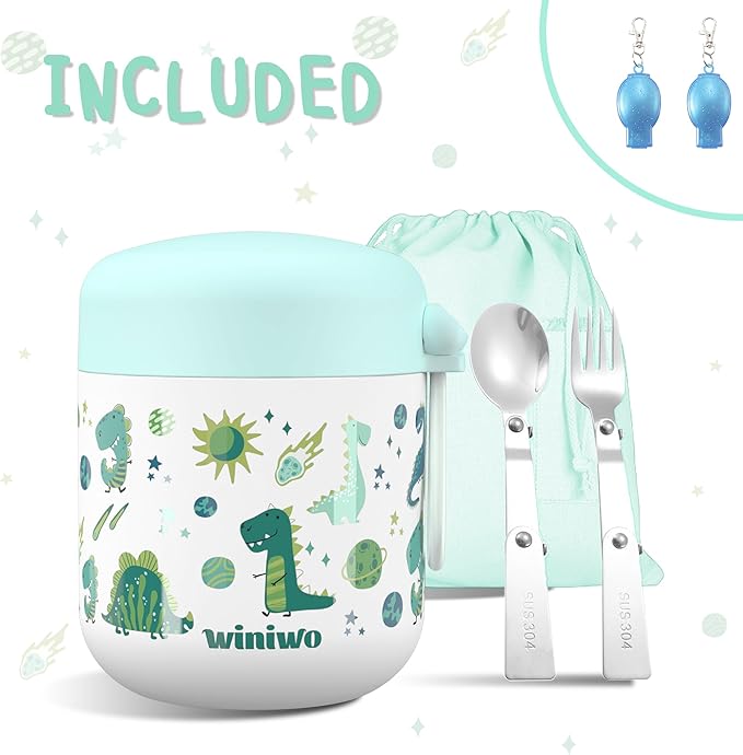 12oz Insulated Food Jar for Kids, Easy Carry, Wide Mouth, Thermos for Hot Food, Soup, Salad, Sandwich, School Lunches (Green-Dinosaur)