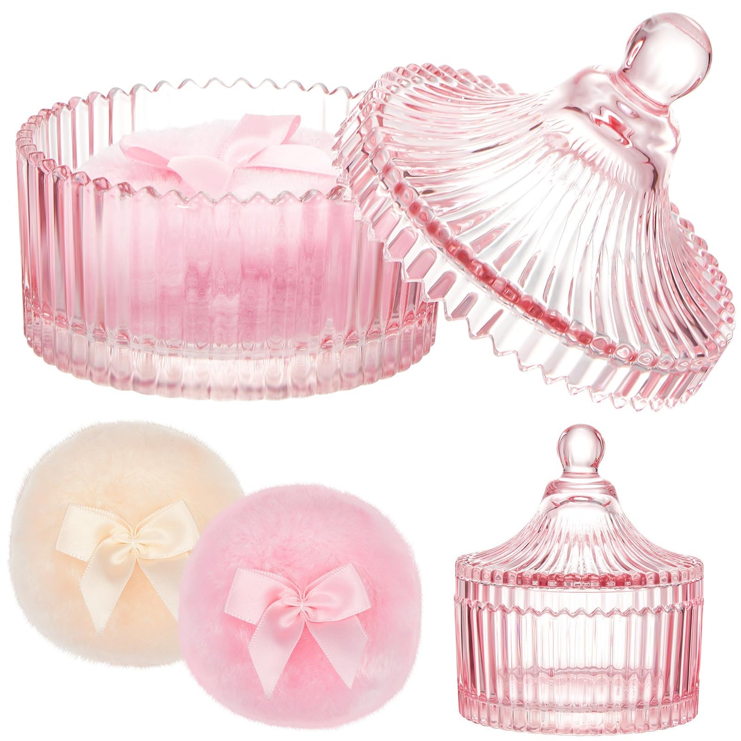 Tioncy 3 Pcs Large Body Powder Puff and Container Crystal Container Soft Washable Reusable Velour Face Body Glitter Powder Puff
