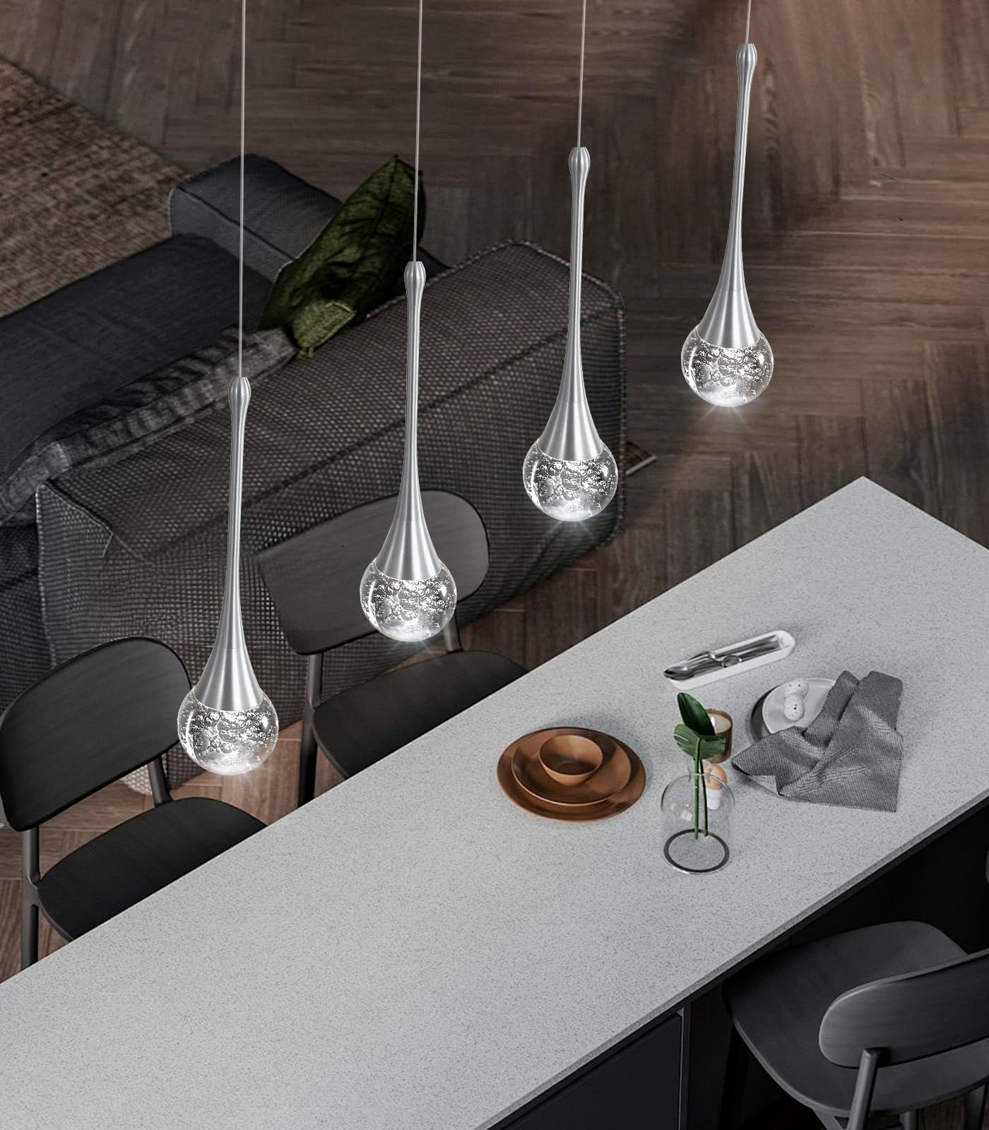 4-Lights Modern Pendant Lights For Kitchen Island Led Dimmable Crystal Glam Ceiling Pendant Lighting Chandelier For Dining Room Hallway Bedroom Silver