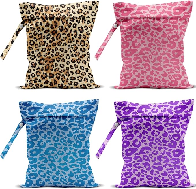 4 Pack Colorful Leopard Print Wet Bag Waterproof Washable Reusable Wet Dry Bag for Swimsuit Dirty Clothes Diaper Travel Beach Pool Yoga Gym Travel Birthday Party Camping Toiletries Beach Essentials