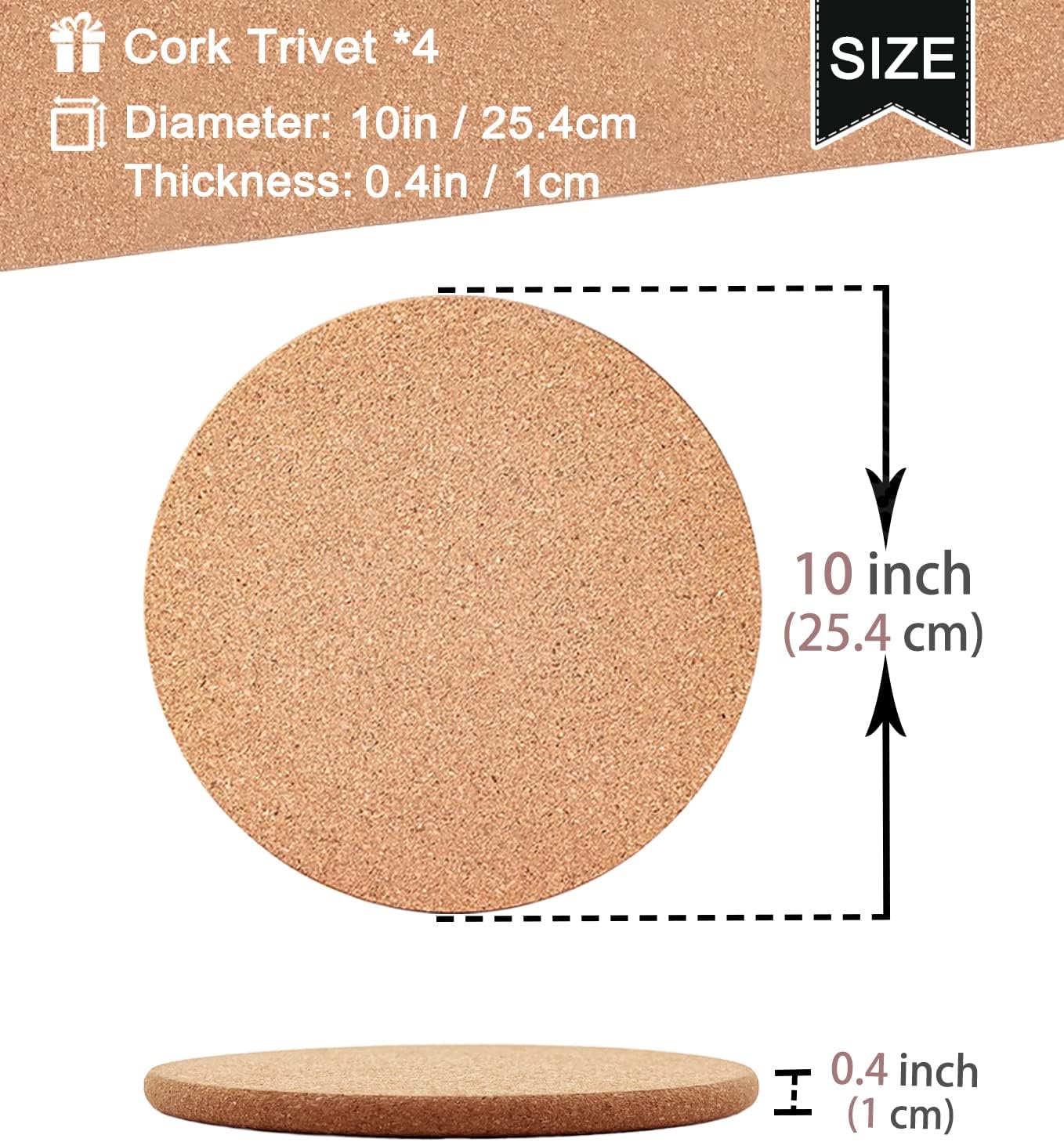 Cork Trivet, 4 Pcs High Density Thick Cork Trivets for Hot Dishes, 10 Inch Heat Resistant Large Coaster for Kitchen, Hot Pads for Table & Countertop