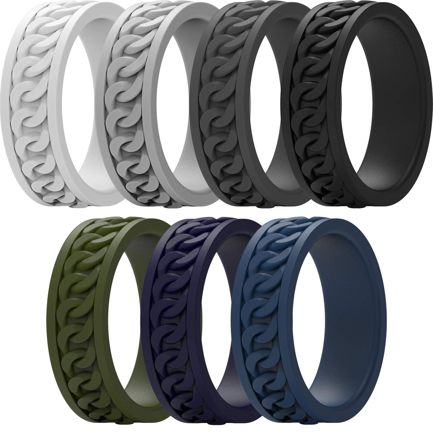 ThunderFit Silicone Wedding Rings for Men, Chain Design Rubber Engagement Bands 7mm Wide 2mm Thick - 1/4/7 Variety Multipack (Pa