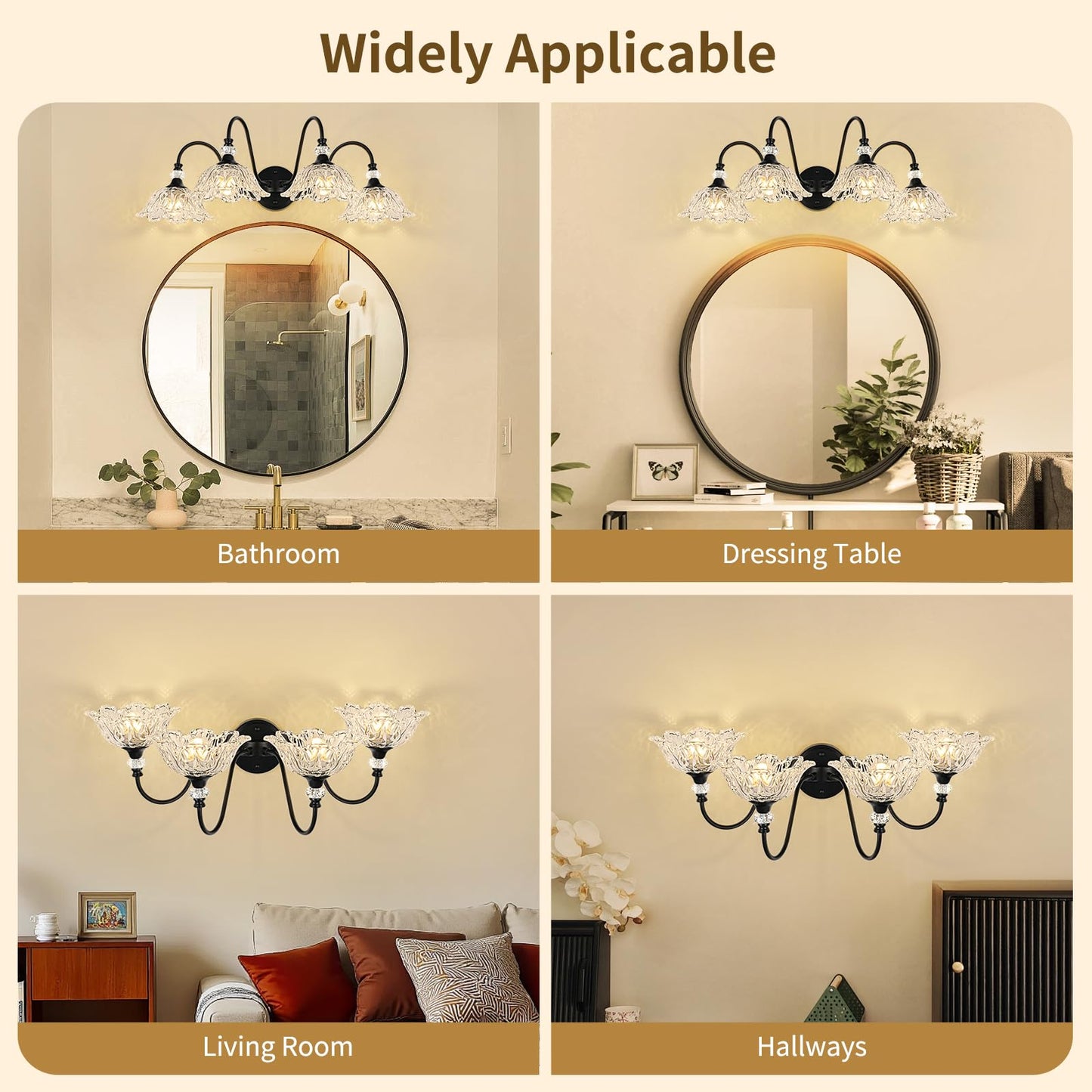 Sunkryster 4-Light Matte Black Bathroom Vanity Light  Farmhouse Vanity Light With Floral Clear Glass Shades  Vintage Wall Mount Lighting For Bathroom