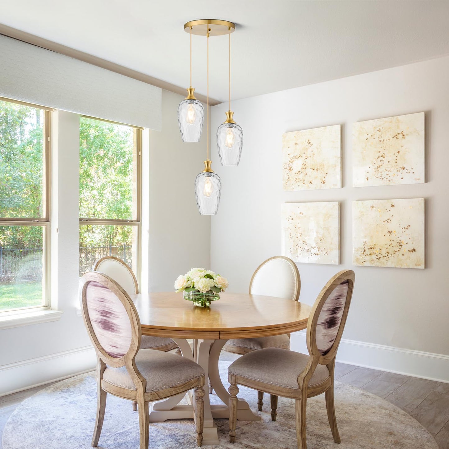 Saduenfr 3-Light Pendant Lighting  Modern Brushed Gold Dining Room Chandelier Light Fixture Over Table With Hammered Glass  Brass Cluster Hanging Lights For Kitchen Island Dining Room Bedroom  E26