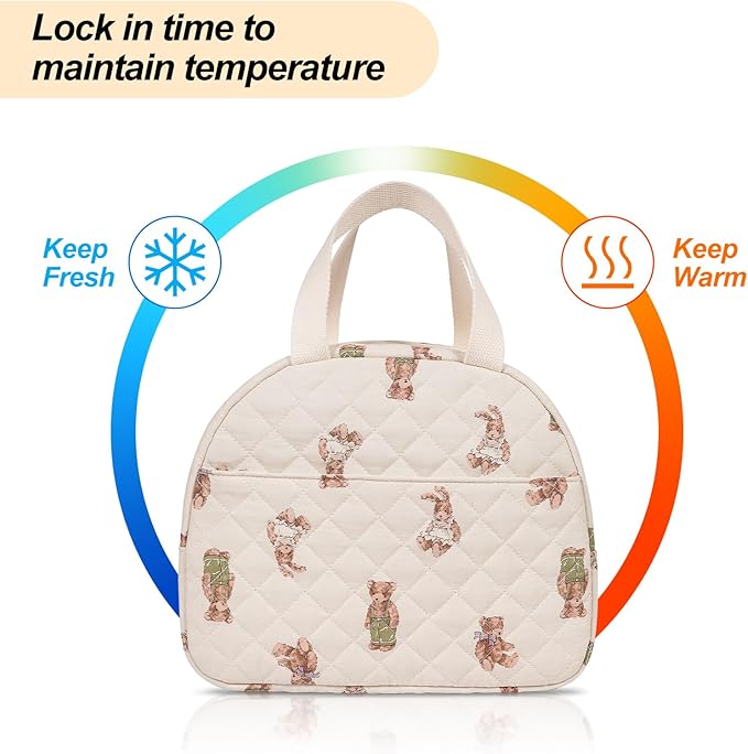Lunch Box for Women,Cute Quilted Lunch Tote Bag,Reusable Insulated Lunch Box,Large Capacity Cooler Bag with Compartments for Work, Picnics or Travelling