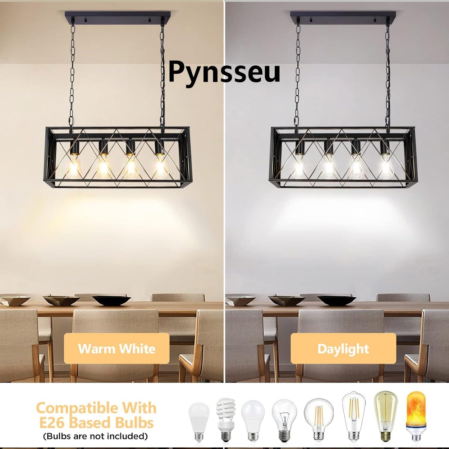 Pynsseu Industrial Kitchen Island Pendant Light, 4-Light, Rectangular, Metal, Black, Vintage Rustic