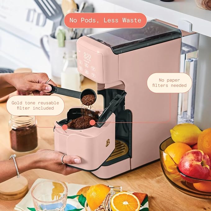 Beautiful Perfect Grind Programmable Single Serve Coffee Maker with Touch-activated Display, Programmable and Integrated Burr Grinder, 64oz Water Reservoir (Rose)