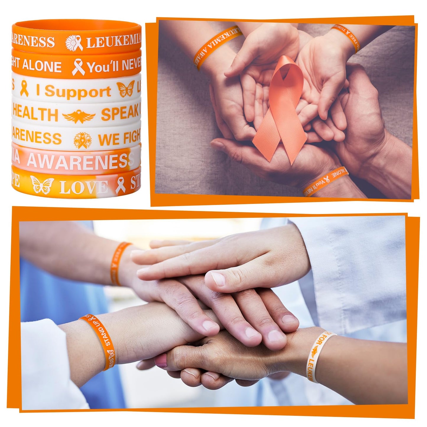PullCrease 100 Pcs Leukemia Awareness Wristbands Bulk 10 Styles Orange Ribbon Silicone Bracelets Leukemia Awareness Wristbands w