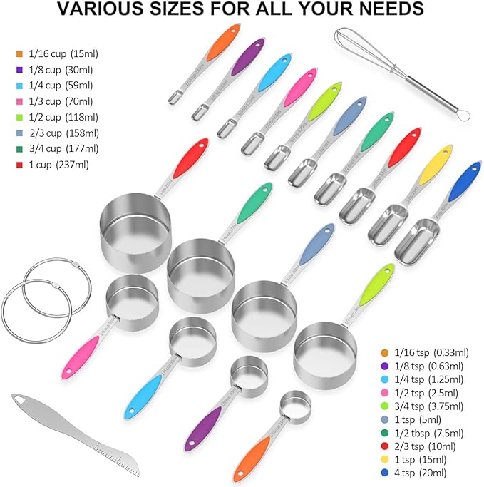 Measuring Cups and Spoons - Wildone Stainless Steel 20 Piece Stackable Set, Includes 8 Measuring Cups, 10 Measuring Spoons, 1 Leveler & 1 Whisk, for Dry and Liquid Ingredient