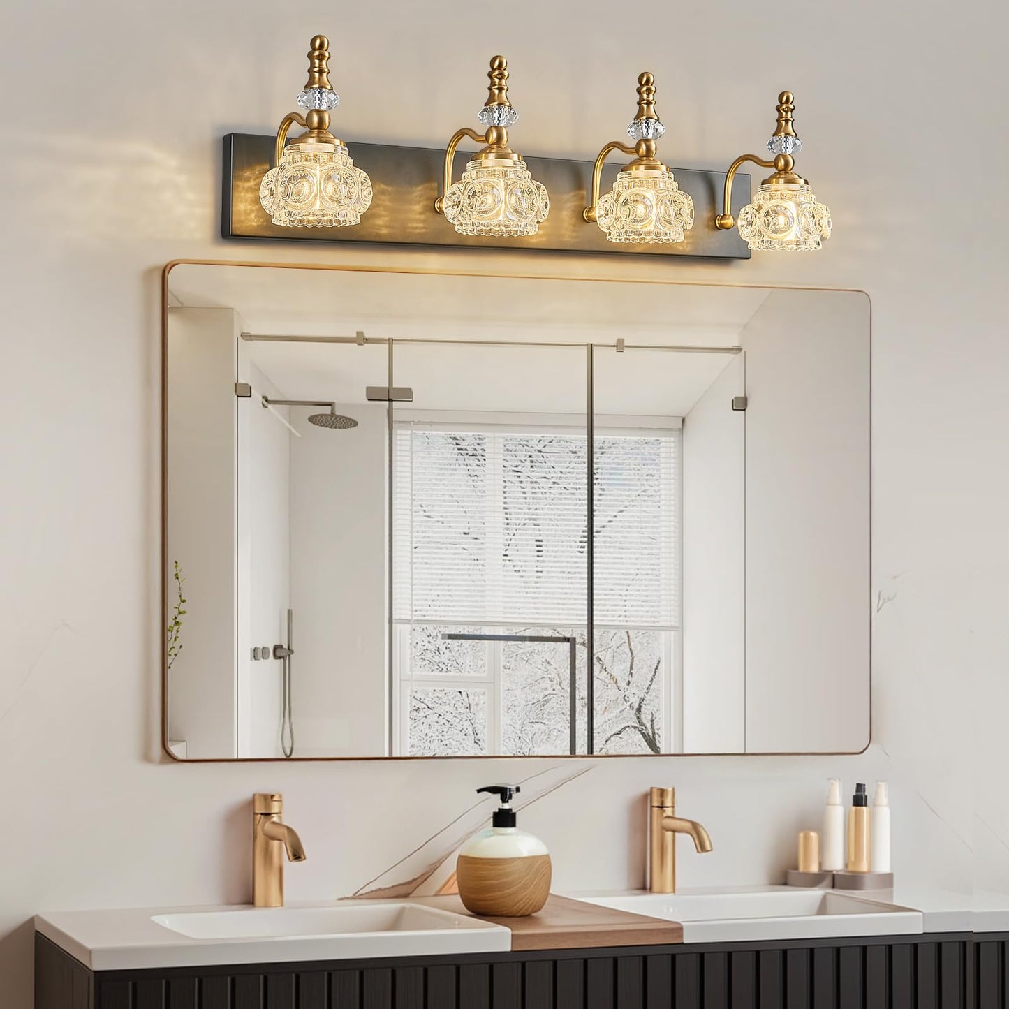 Lbsqj Bathroom Light Fixtures  Modern Glass Crystal Bathroom Vanity Light Vintage Bathroom Lighting Fixtures Over Mirror 4 Light Vanity Lights G9 Bulb (27.55 Inch  Black Gold)