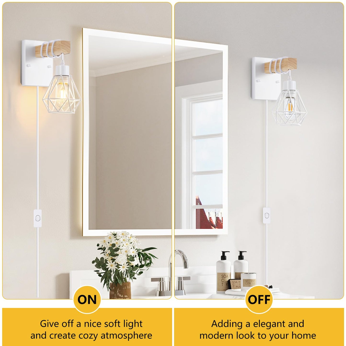 Lomoky White Plug In Wall Sconces Set Of Two  Modern Wall Lights With 5.25Ft Plug In Cord  Wooden Bedside Wall Lamps With Metal Shade  Industrial Wall Lighting Decor For Living Room  Hallway  Stairs