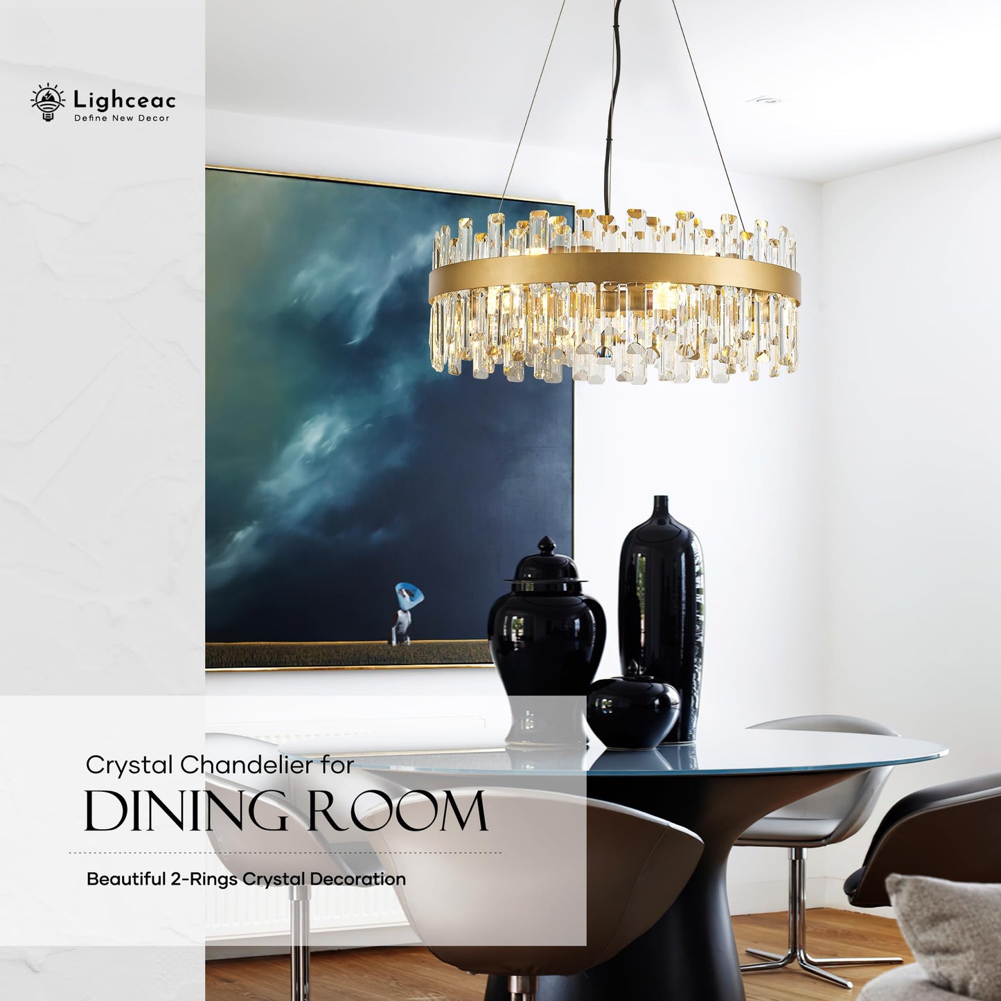 Lighceac 21.7 Gold Modern Crystal Chandelier Light Fixtures stylish 2 Rings Crystal Chandeliers For Dining Room 12-Light Round Hanging Pendant Lighting For Living Room Kitchen Island Entryway Bedroom