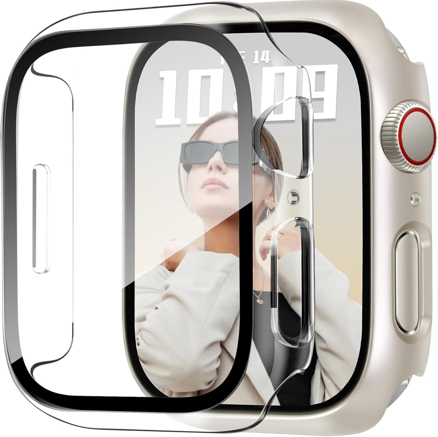 JR.DM 41mm 2 Pack Hard PC Case with HD Tempered Glass Screen Protector for Apple Watch Series 9/8/7, Slim Guard Bumper Full Coverage Protective Anti-Scratch Face Cover for iWatch, Starlight+ Clear