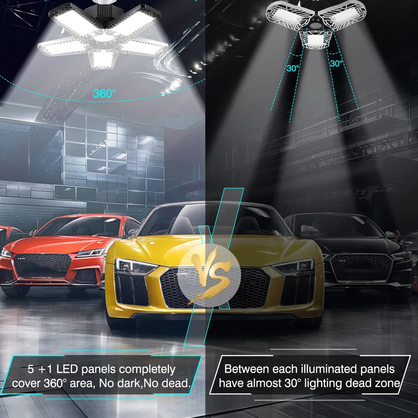 YIBEYYDS LED Garage Light 160W 16000LM 6500K Black Ceiling Lights with 5+1 Deformable Panels, Model A1, E26/E27