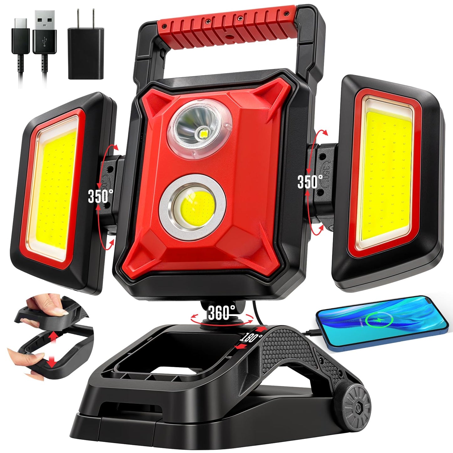 SYLSTAR 40W Rechargeable Work Light, 4000LM Magnetic Work Light, Foldable&360° Rotatable Led WorkLight with Big Clamp, 5 Light Modes, Waterproof Job Site Lighting for Garage Workshop Car Repairing