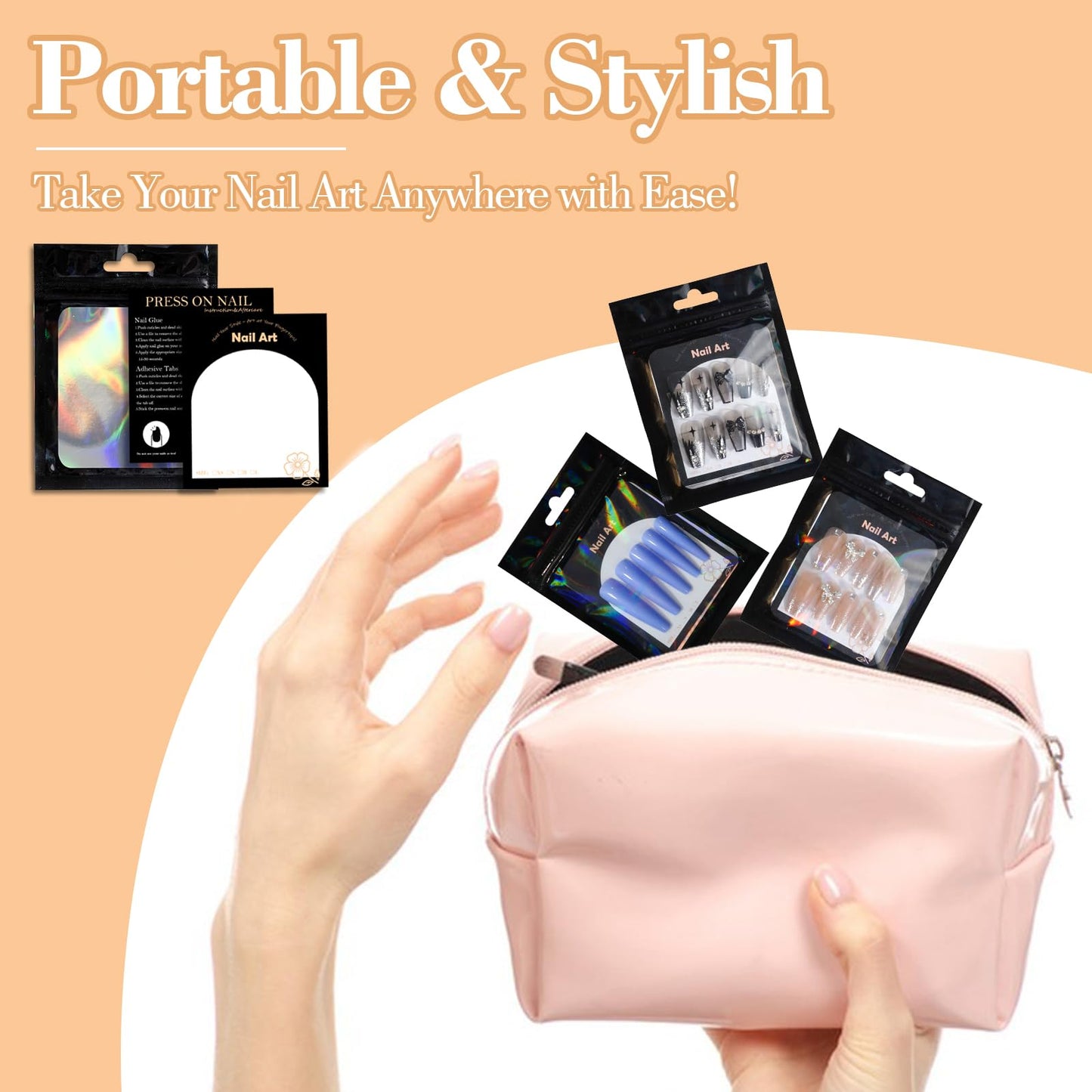 202pcs Press on Nail Packaging Bag, 100pcs Empty Holographic Nail Storage Bag and 100pcs Instruction&Display Black Cardboard wit