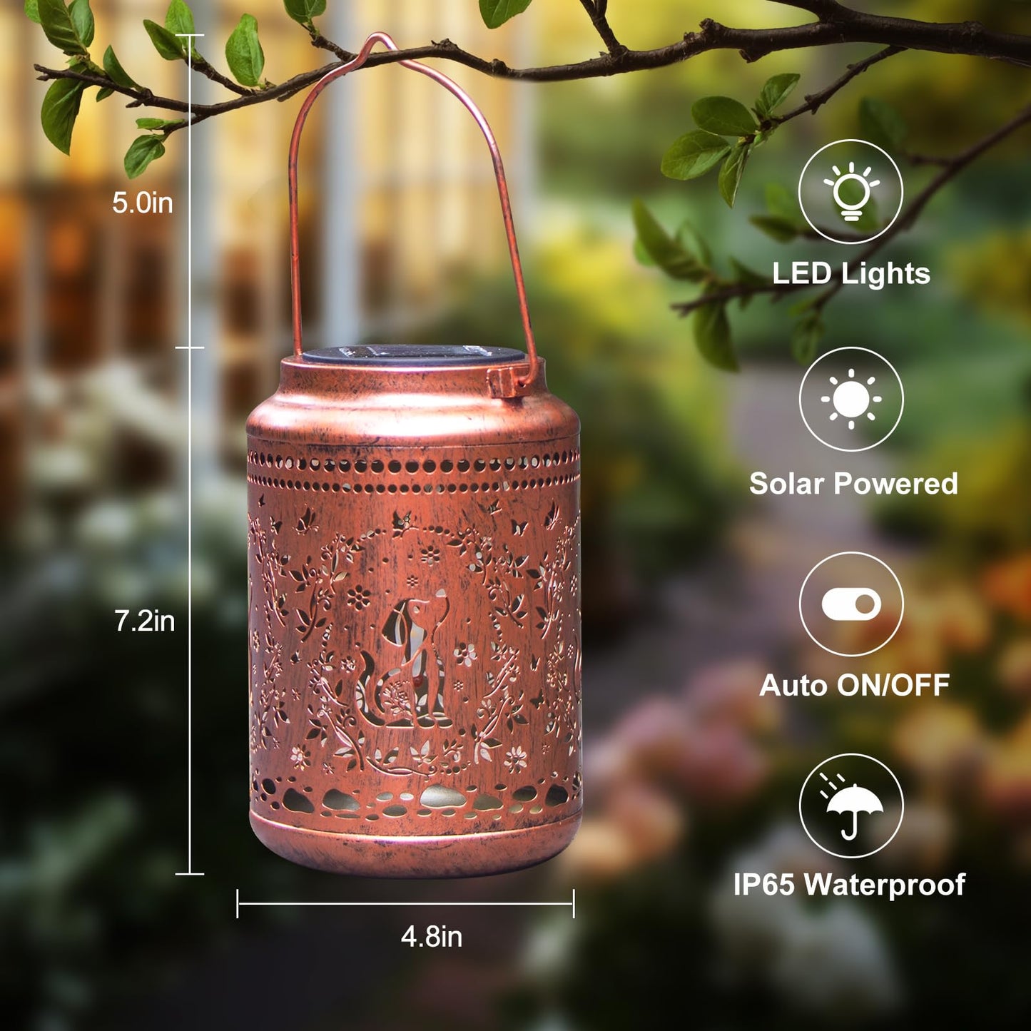 YISITEONE Solar Lanterns 2 Pack, Waterproof Metal Hanging Lights for Garden, Brown, Model ES04250400008
