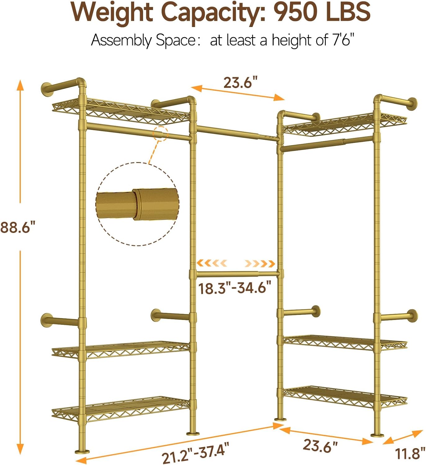 L3 Industrial Pipe Closet Organizer System, Wall Mounted Clothes Rack Clothing Racks with 4 Telescopic Rods & 6 Shelves , Heavy Duty Closet System in Wardrobe Closet (Gold)
