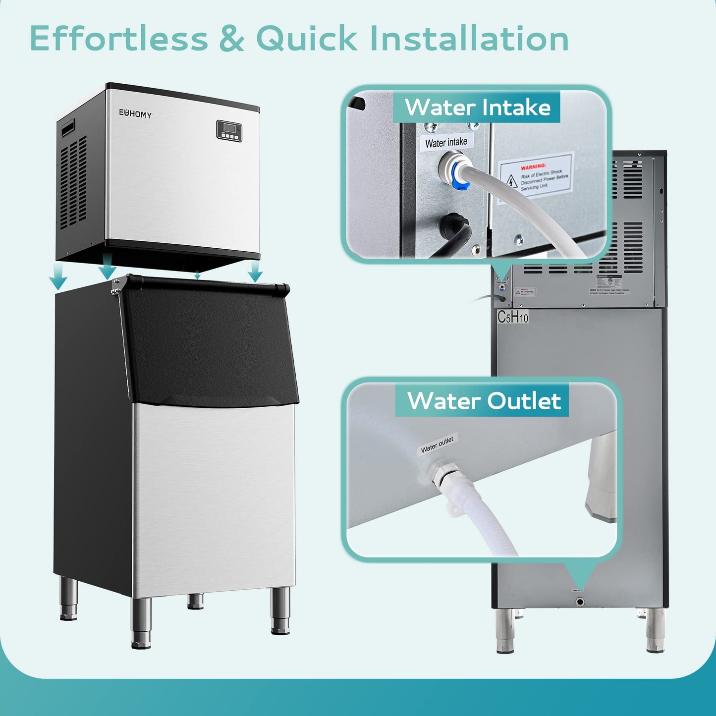 EUHOMY Commercial Ice Maker Machine 500Lbs/24H, SECOP Compressor&ETL Approval, Industrial Ice Machine, 250Lbs Storage, Ice Ready in 8-15 min, Stainless Steel Ice Maker for Bar/Cafe/Restaurant/Business