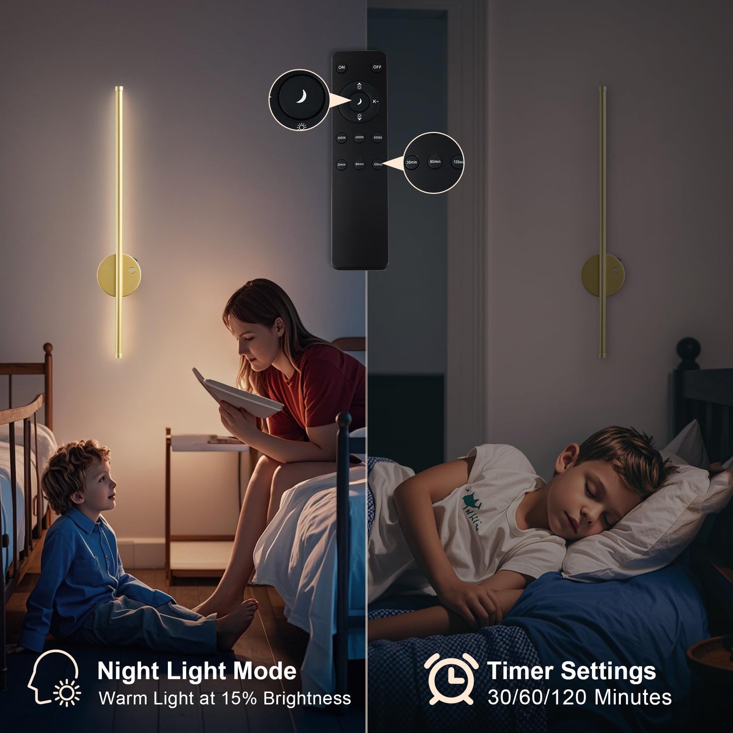 Motion Sensor Battery Operated Wall Sconce Set Of Two - Modern Rechargeable Wireless Wall Lights With Remote Control  Dimmable  3000K/4000K/6000K  Timer For Living Room  Hallway 23.6 Inch  Gold