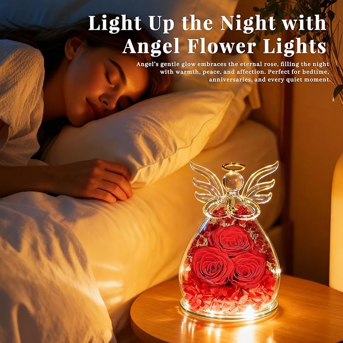 Beferr Valentines Day Rose Gifts for Her Women Mom Gifts for Birthday, Fresh Flowers for Delivery Forever Preserved Rose in Glass Angel Figurine, for Grandma Wife Daughter Girlfriend