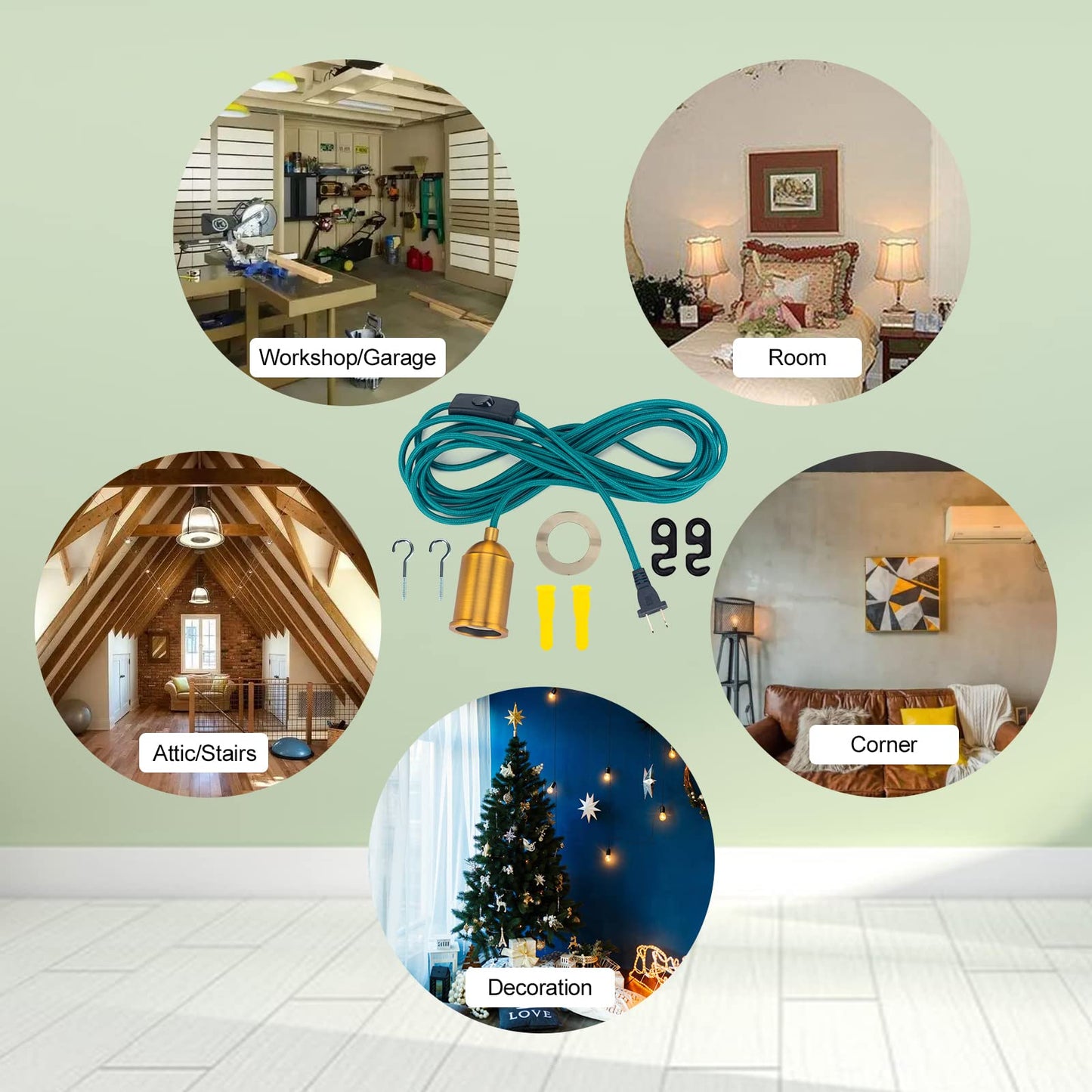 Hanging Light With Plug In Pendant Kit Cord Rope Lamp Bulb Socket Teal Exposed Lantern Fabric Cloth Switch Fixture With Braided Cords Industrial Porcelain Gold Holder Diy Swag Lighting 15Ft 2 Set