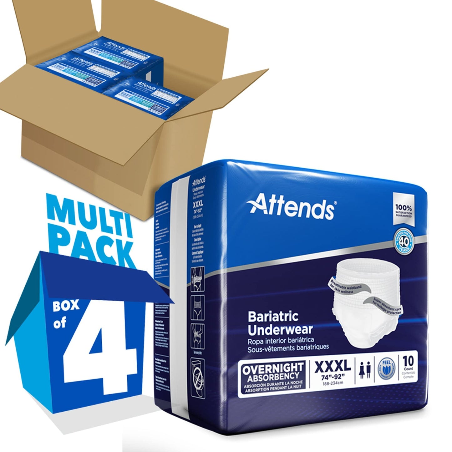 Attends Bariatric Adult Incontinence Underwear, 3X-Large (74-92"), [40 Count] - Overnight Absorbency for Men and Women, Disposable Pull-On Diapers with Tear-Away Sides, AU60