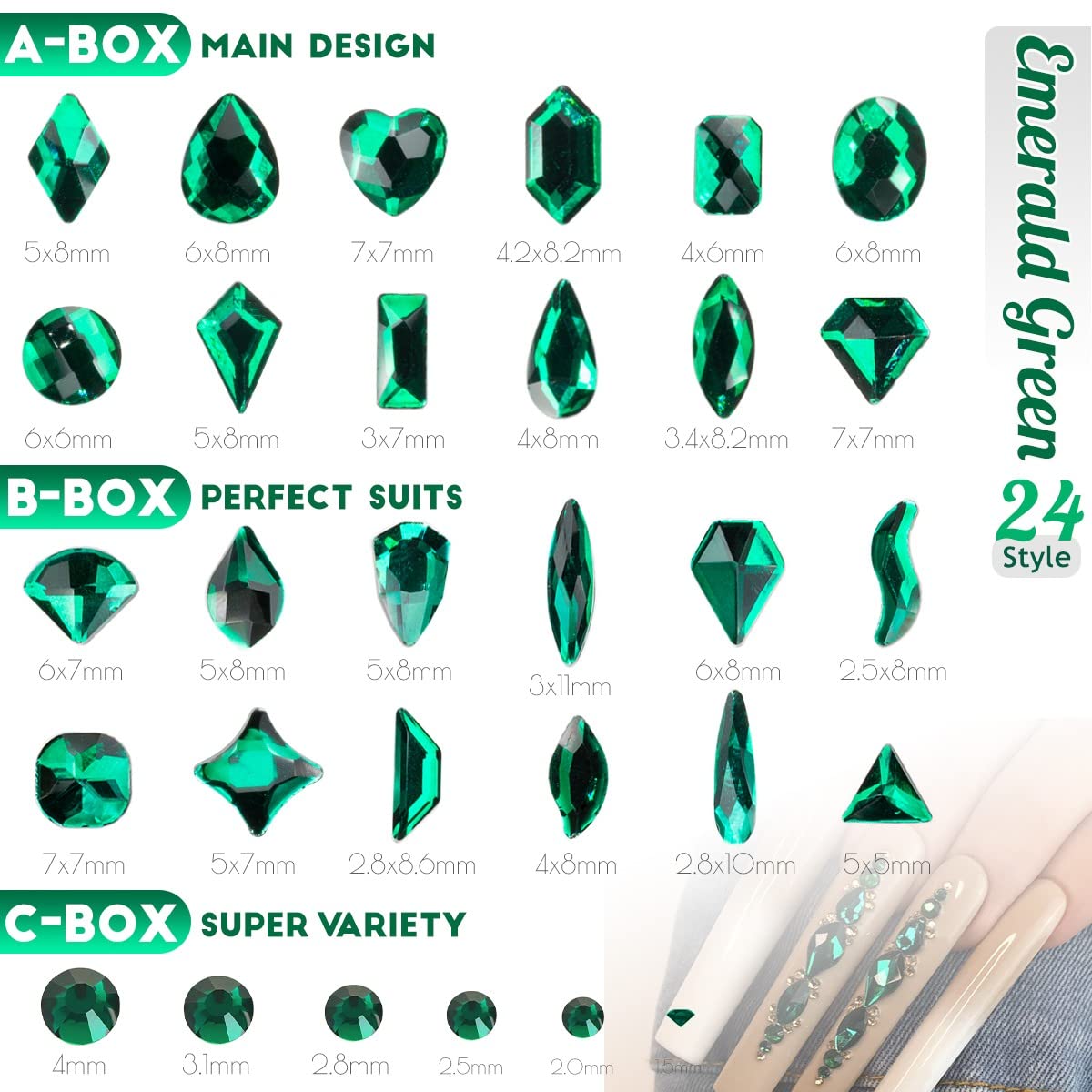 qiipii 3 Boxes Emerald Green Nail Rhinestones 240 Multi-Shapes Big Gems Dark Green Flatback Round Beads K9 Glass Crystals Stones