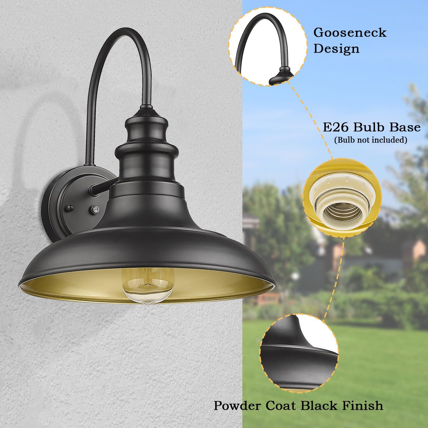 Diyel Outdoor Barn Light Fixture, Dusk to Dawn Sensor, 12.3 Inch, Black, Iron, Model RZ004BK-2, 2 Pack