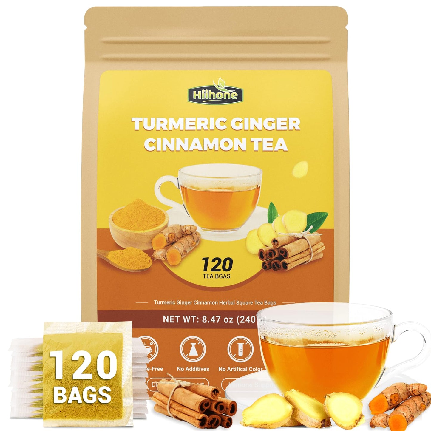 Turmeric Ginger Cinnamon Tea Bags  No Sugar  No Caffeine  120 Count