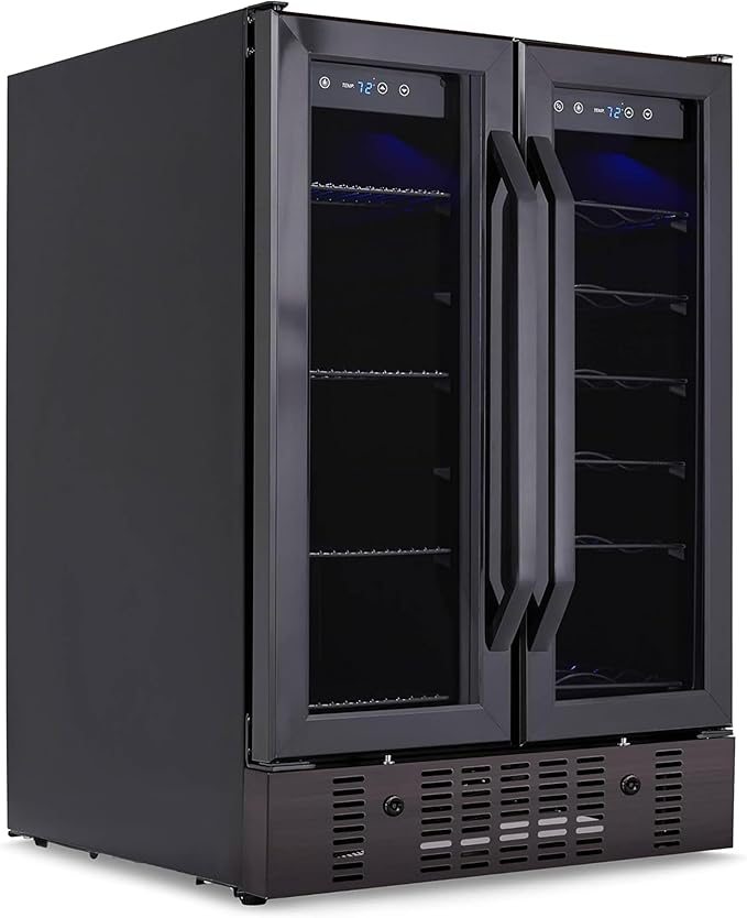 NewAir 24" Dual Zone Wine and Beverage Refrigerator, 18 Bottle & 58 Can, French Door Built-In Fridge with Lock, Black Stainless Steel Cooler, Digital Thermostat, Adjustable Shelves