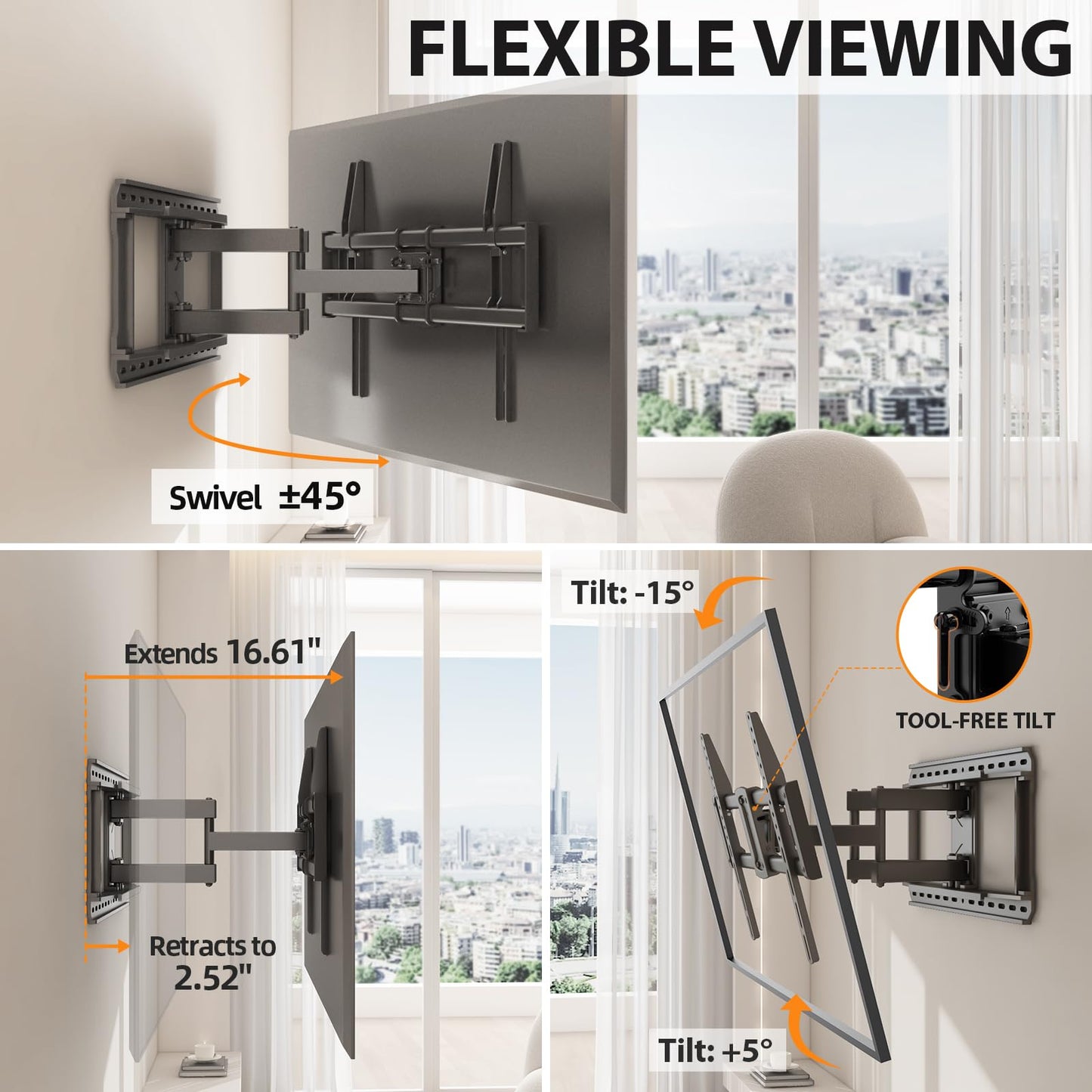 IWORKBOARD Full Motion 75 85 86 90'' TV Wall Mount Bracket, Loads 150 lbs Heavy Duty TV Mount, Swivel Tilt Extension Level, Complete Metal Bars & Wall Plate, up to 600x400mm VESA & 24'' Wood Studs