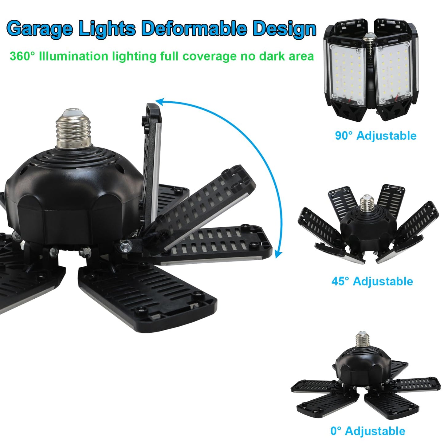 Meiqils 2Pack LED Garage Light - 160W, 16000LM, 6+1 Multi-Position Panels, 6500K, Black, Easy-Install