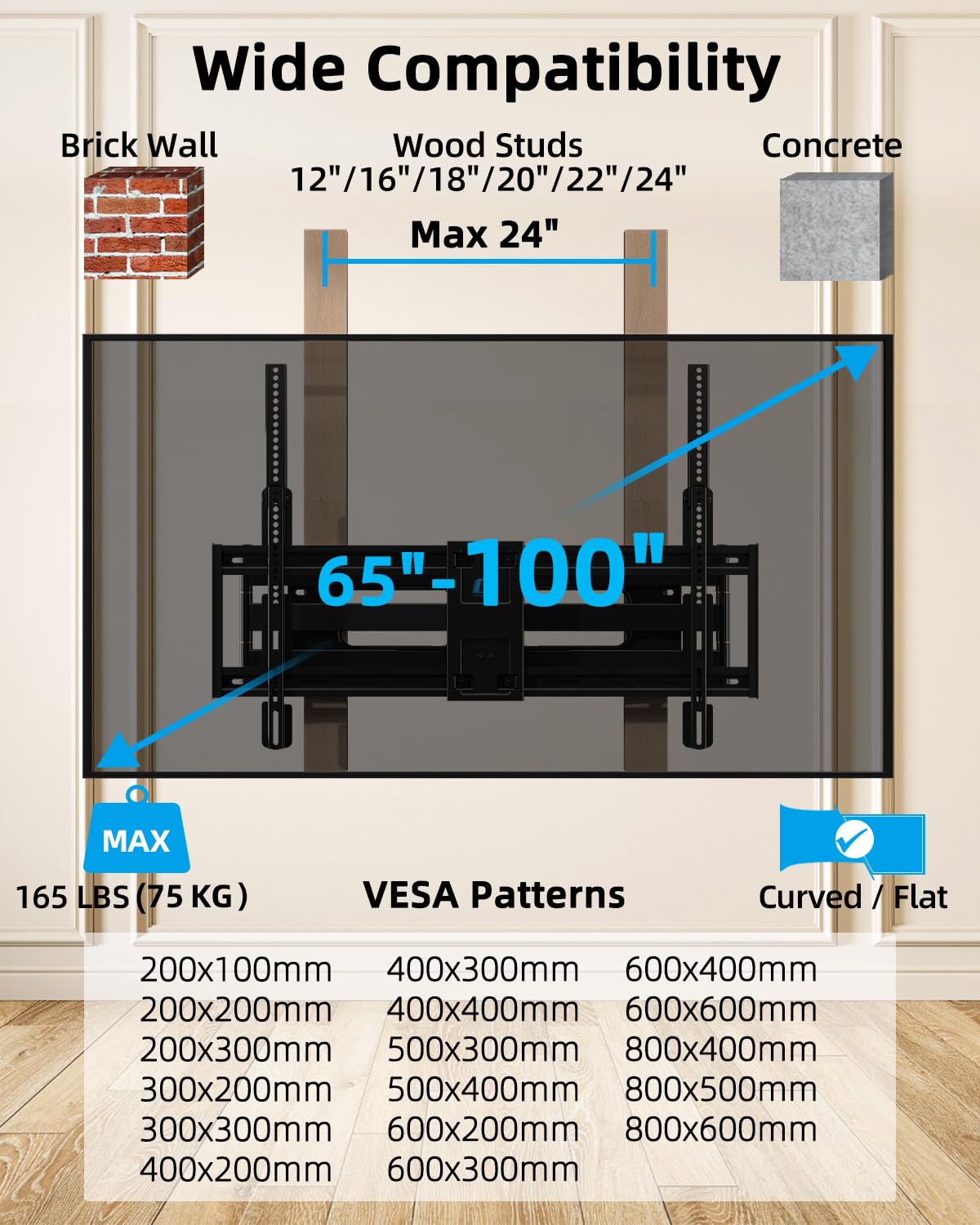 HOME VISION Full Motion Long Arm TV Wall Mount Bracket, Fits 75, 80, 85, 86, 98, 100 inch Flat or Curved TVs Up to 800x600 VESA & 165LBS, TV Mount with Full Motion, Swivel, Tilt, Extension, Heavy Duty